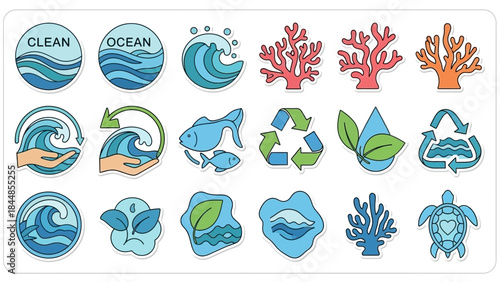 Marine Conservation Icons Clean Oceans, Coral Reefs & Recycling