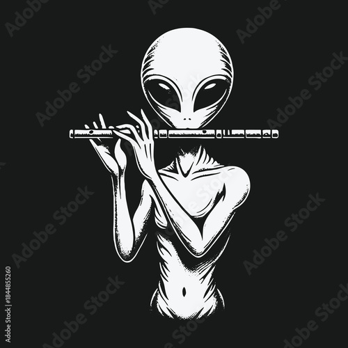 Mysterious grey alien musician playing a transverse flute.
