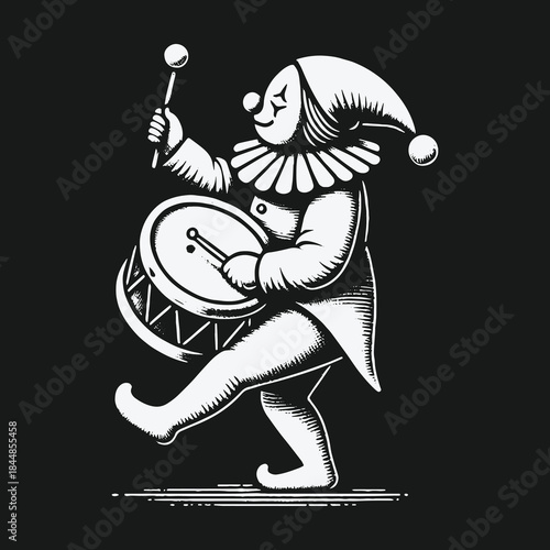 Vintage style clown marching and playing a drum illustration.