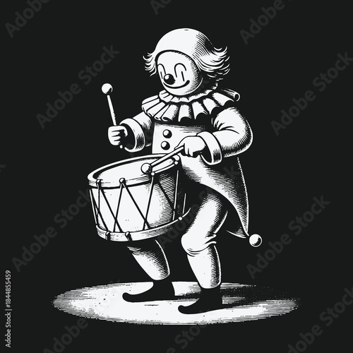 Vintage Pierrot Clown Playing a Drum Black and White Illustration.