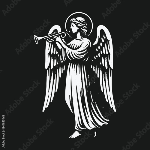 Monochrome vintage illustration of a herald angel blowing a trumpet.