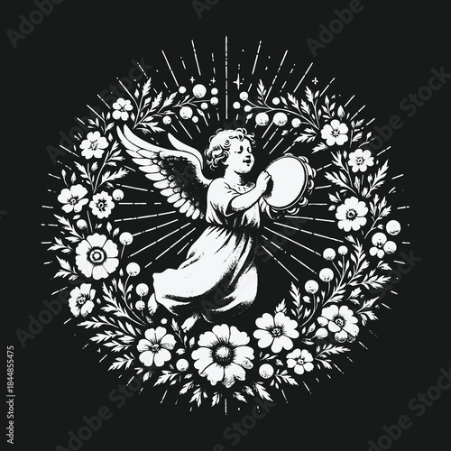Celestial angel with tambourine surrounded by a floral circle illustration.