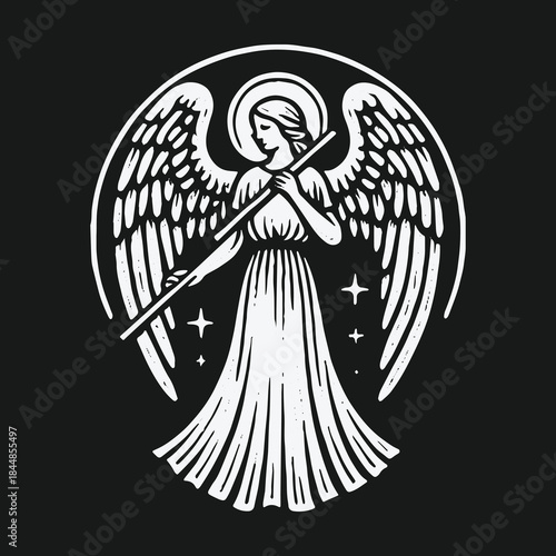 Black and white graphic illustration of a celestial angel with wings.