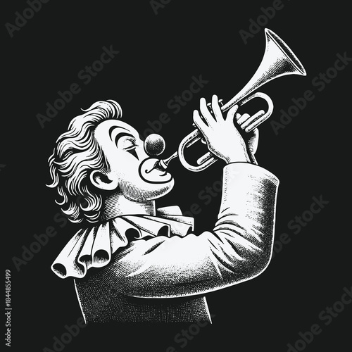 Vintage black and white illustration of a clown playing a trumpet.