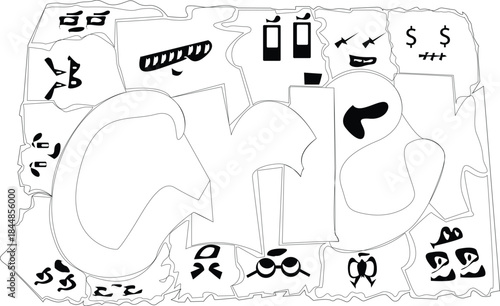 Abstract Graffiti Art with Cartoonish Faces and Symbols.