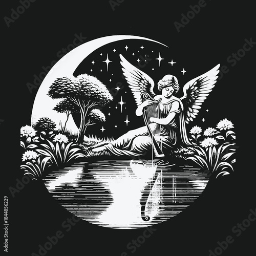 Vintage illustration of a serene angel playing a lyre by a moonlit lake.