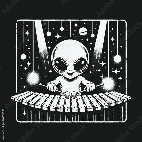 Cute Alien Musician Playing a Xylophone in Outer Space.