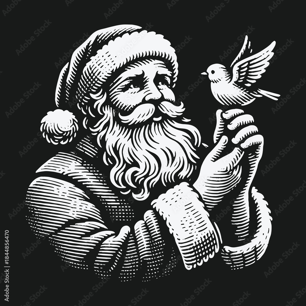 Obraz premium Vintage black and white Santa Claus holding a small bird illustration.