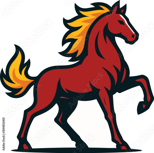 Powerful rearing mustang horse mascot logo design in bold red and yellow colors for sports teams