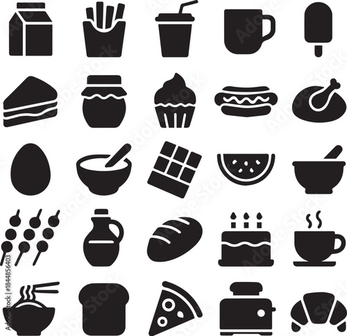 Collection of simple black silhouette icons representing various popular food items and kitchen utensils for design