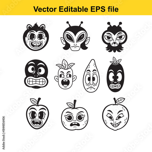  collection of nine unique cartoon faces and apples in editable vector format for design