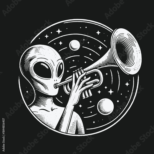 Cosmic alien trumpeter performing in a starry galaxy.