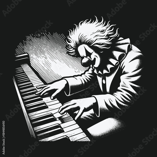 Black and white illustration of a melancholic clown playing the piano.