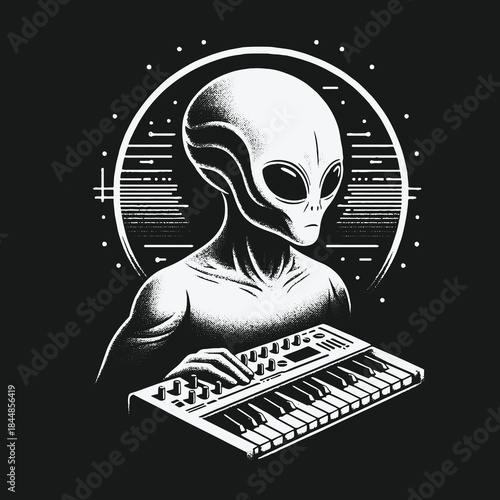 Monochrome Illustration of an Alien Musician Playing a Synthesizer.