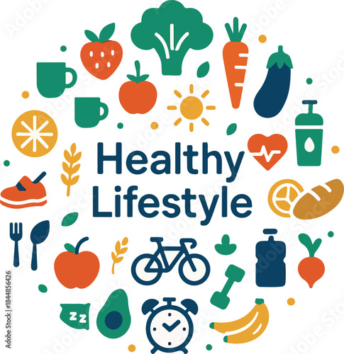 Vibrant collection of colorful icons representing fitness nutrition and wellness concepts arranged in a circle