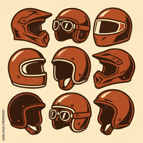 Collection of nine vintage motorcycle helmets in various retro styles featuring full face and open face designs