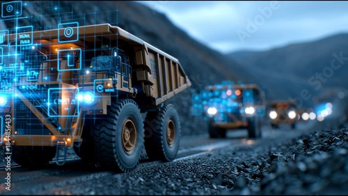 A group of trucks are driving down a road with a blue and white truck in the middle. The blue and white truck has a blue and white logo on the front
