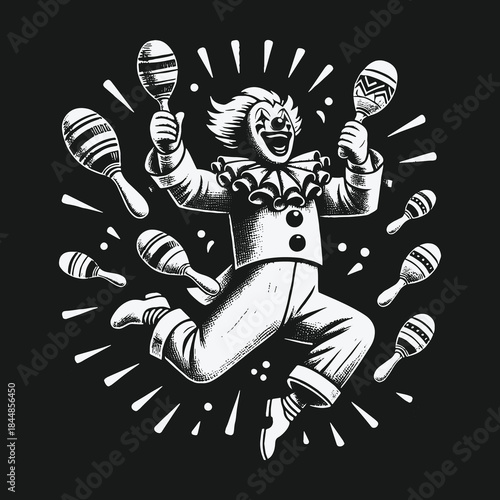 Energetic laughing clown jumping with many maracas illustration.