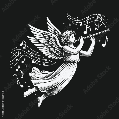 Vintage engraving of a celestial angel playing a trumpet with musical notes.