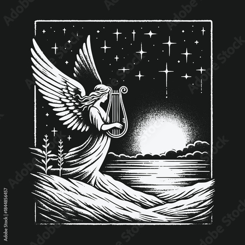 Celestial Angel Playing a Lyre by the Moonlit Sea Under a Starry Sky.