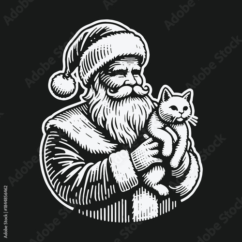 Classic black and white woodcut of Santa Claus holding a cat.