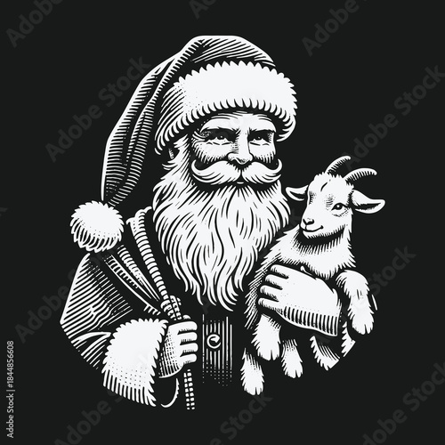 Vintage black and white illustration of Santa Claus holding a baby goat.