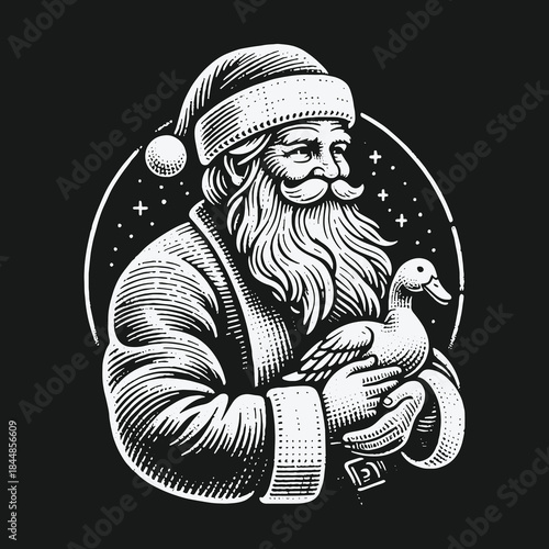 Vintage black and white illustration of Santa Claus holding a duck.