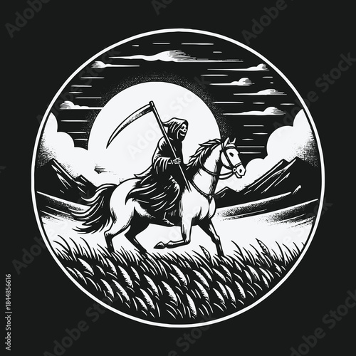 Grim Reaper riding a pale horse under a full moon.