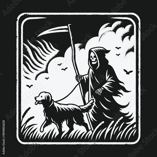 The Grim Reaper walking his faithful dog companion in a field.