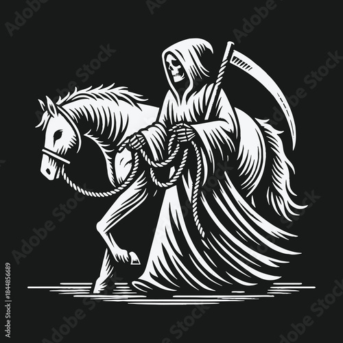 Grim Reaper with scythe walking alongside his pale horse.