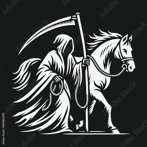 Monochrome vector illustration of the Grim Reaper with a scythe and horse.
