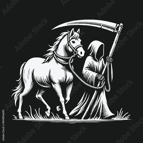 The Grim Reaper with Scythe and Horse in Monochrome Style.