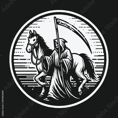 Grim Reaper riding a horse with a scythe vintage emblem.