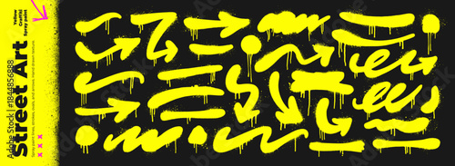Yellow spray paint highlights, bold lines and graffiti arrows. Hand drawn vector sprayed smears, wavy brush strokes with noise texture. Grunge graffiti bold lines for underline or emphasize text.