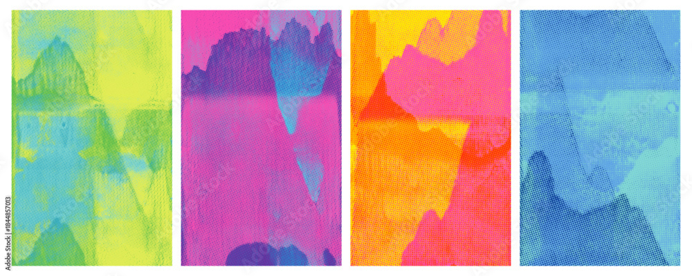 Obraz premium Risograph overlay texture poster collection with mountain linocut print. Colorful analog print brochure and covers. Halftone printmaking overlay background. Landscape motif vector riso posters.