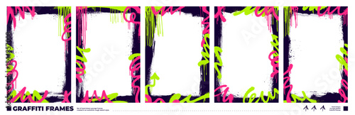 Graffiti spray paint photo frame set with squiggles and colorful brush strokes. Overlay templates with aerosol texture, drips and paint splatters. Hand drawn vector grunge graffiti frames and borders.