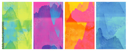 Risograph overlay texture poster collection with mountain linocut print. Colorful analog print brochure and covers. Halftone printmaking overlay background. Landscape motif vector riso posters.