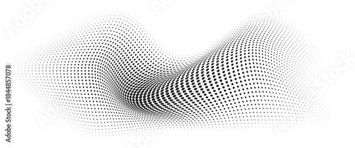 Flowing Wave Dot Halftone Pattern: Curve Gradient Shape on Transparent Background. Suitable for AI, Tech, Network, Digital, Science, and Technology Themes.