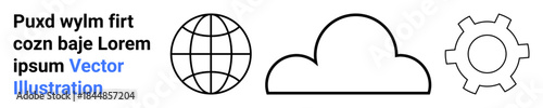Globe, cloud, and gear outline icons emphasizing global connectivity, cloud solutions, and technology processes. Ideal for technology, cloud computing, global services, networking infrastructure