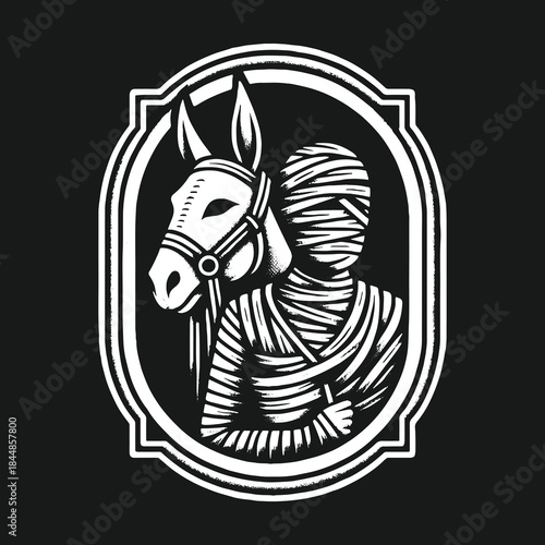 Mysterious bandaged figure with a loyal donkey in a framed portrait.