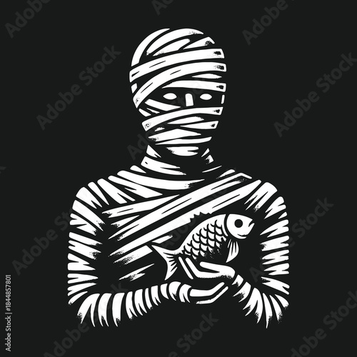 Mysterious mummy wrapped in bandages cradles a small fish.