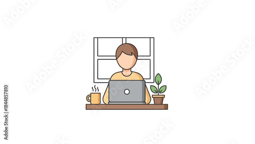 Person working on laptop at desk with coffee and plant.