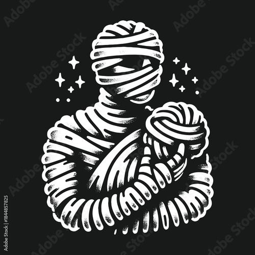 Stylized black and white mummy holding a precious bundle.