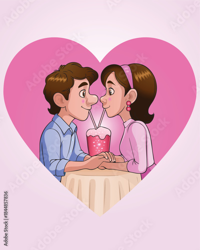 illustration of a loving couple drinking using straw  from same glass on love background