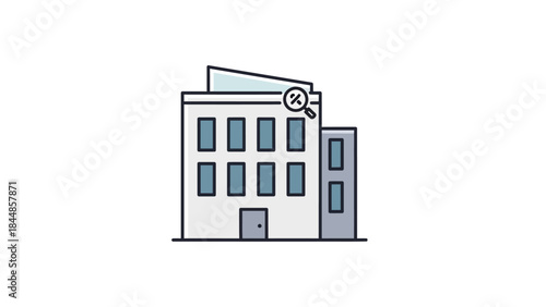 Building with Magnifying Glass Icon Symbolizing Research and Analysis.