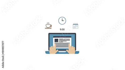 Hands typing on laptop with coffee and clock icons symbolizing productivity and time management.