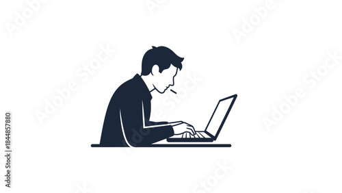 Man Working on Laptop with Cigarette in Mouth.