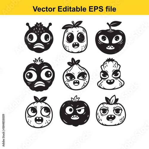  a set of nine cartoon fruits with various facial expressions in black and white