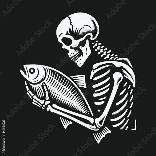 Monochrome graphic illustration of a skeleton holding a fish skeleton.