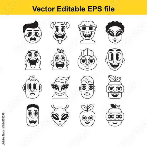  collection of 15 cartoon faces with various emotions and expressions in editable vector format for design use